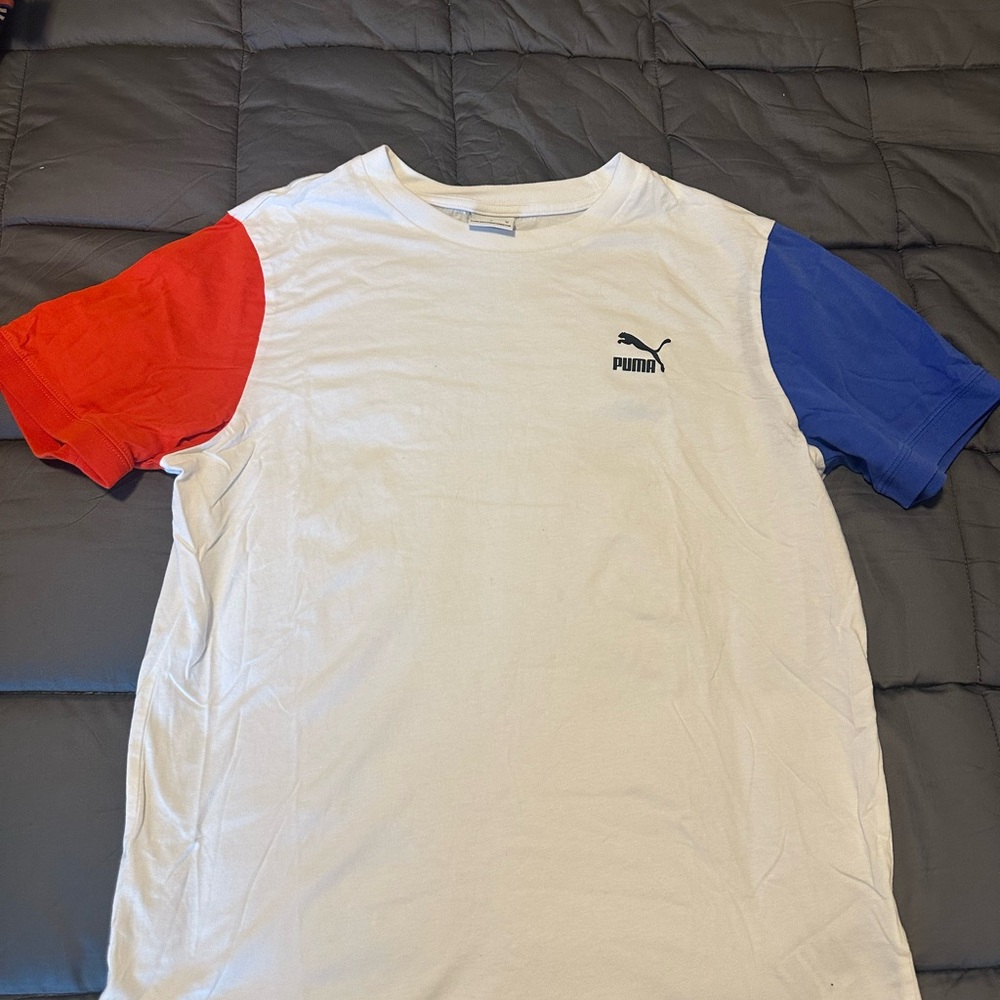 Puma Men's White Shirt with Red and Blue Sleeves size M
